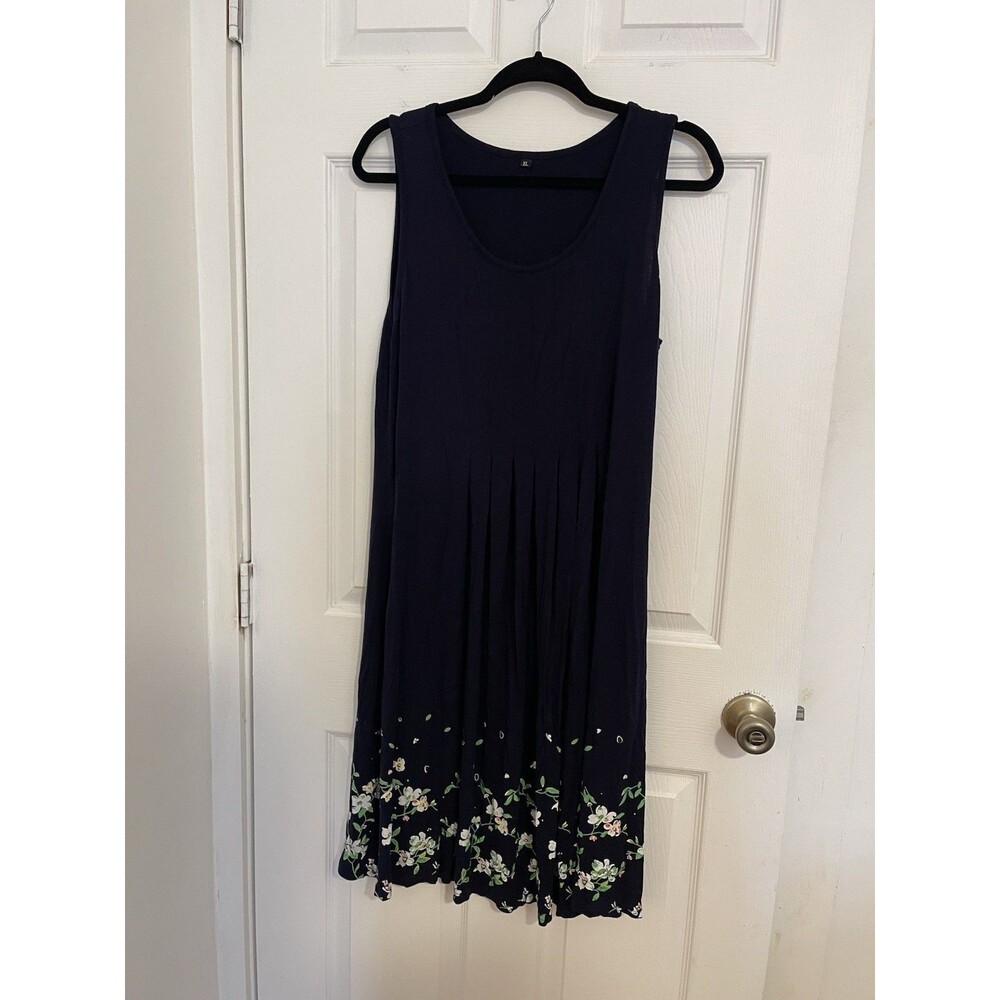 Womens Blue Floral Border Print Sleeveless Pleated Midi Dress Size XL
